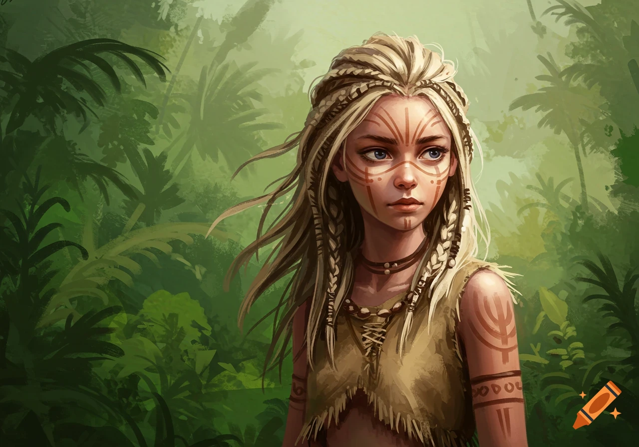 Digital painting of a young tribal woman with blonde hair, braids, and face paint in a jungle.