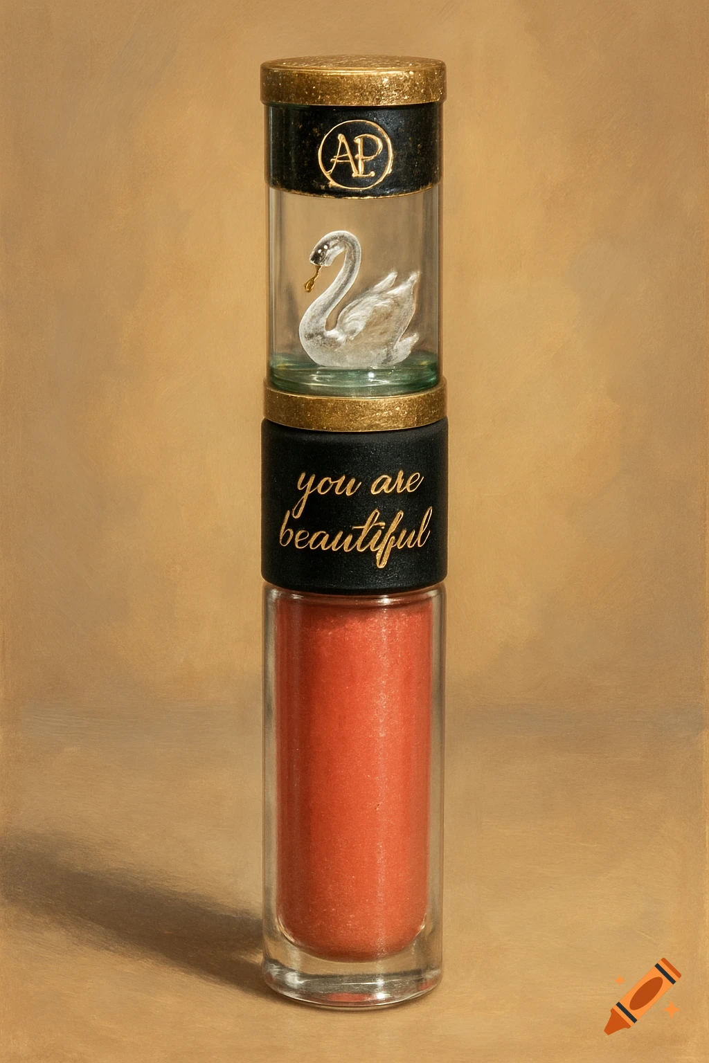 A close-up photo of a decorative lip gloss tube with a clear section containing a miniature swan figure and "you are beautiful" text.