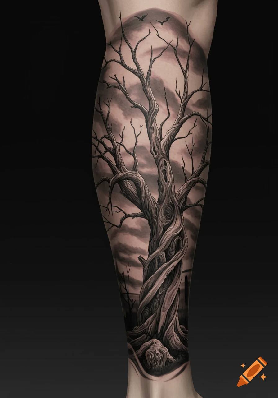 Dark fantasy tattoo of a dead tree on a leg with a moon and bats
