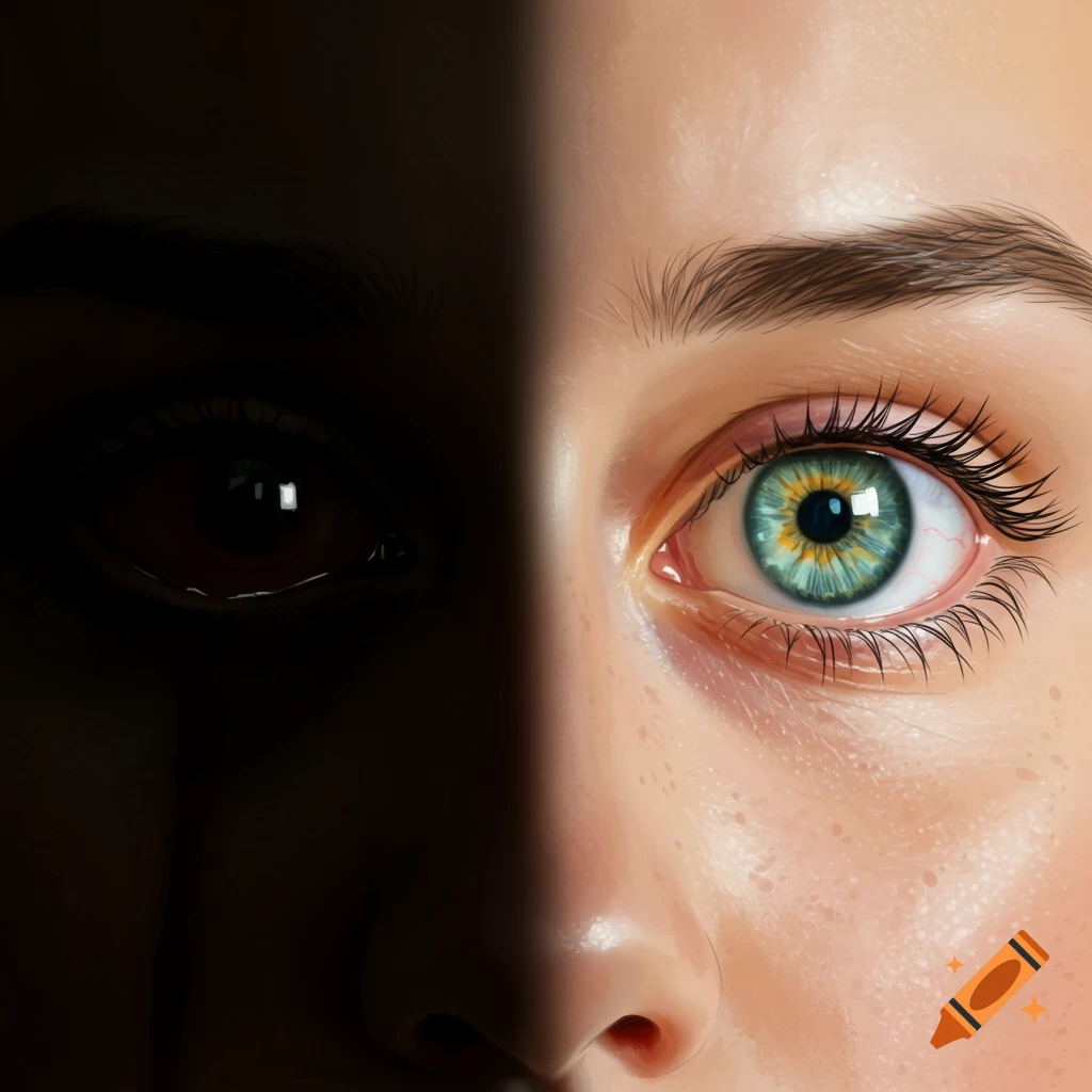 Close-up digital painting of a face split vertically, one side dark with a brown eye, the other light with a green eye.