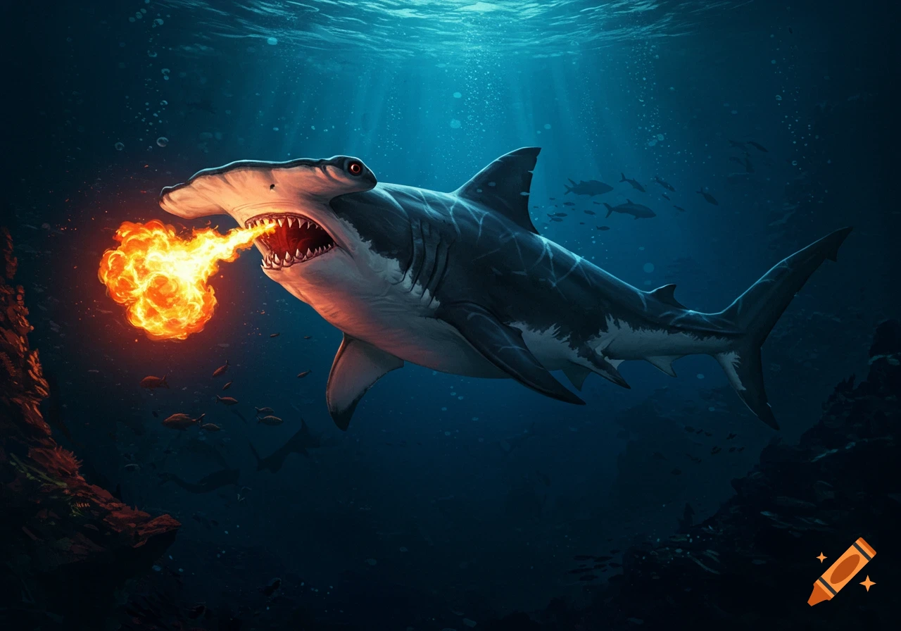 A hammerhead shark breathes fire underwater.
