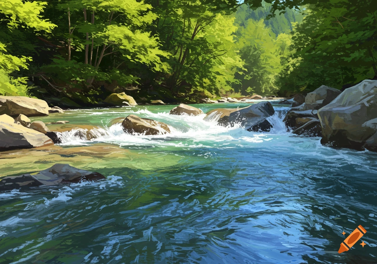 Digital painting of a rocky river flowing through a sunlit green forest.