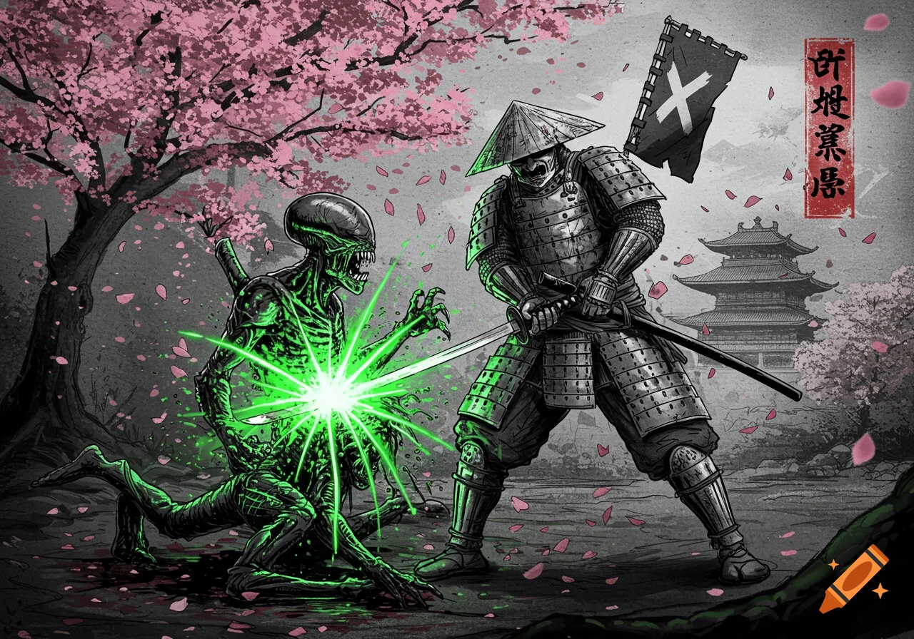 Illustration of a samurai fighting a green alien under a cherry blossom tree.