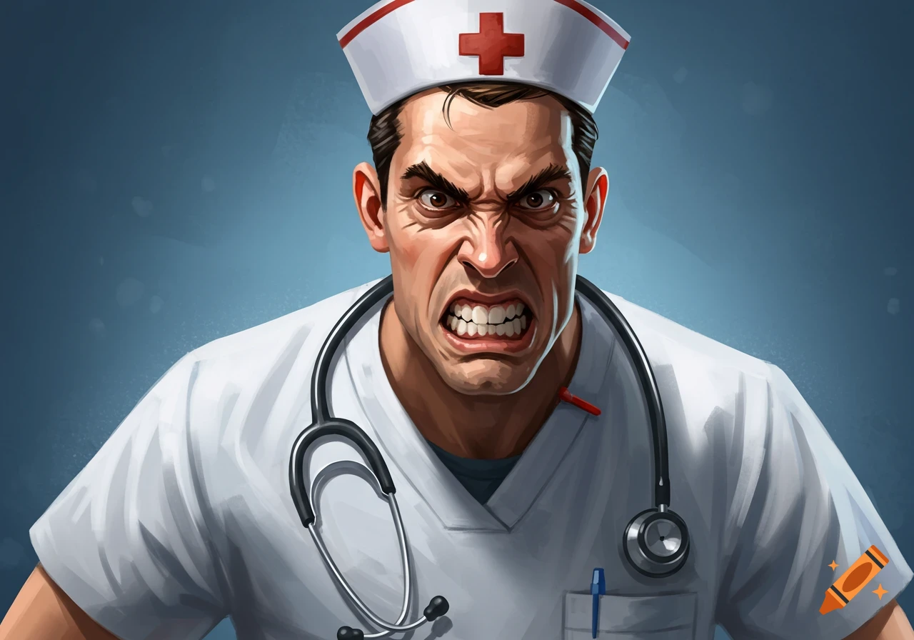 Stylized illustration of an angry male nurse wearing a cap and stethoscope.