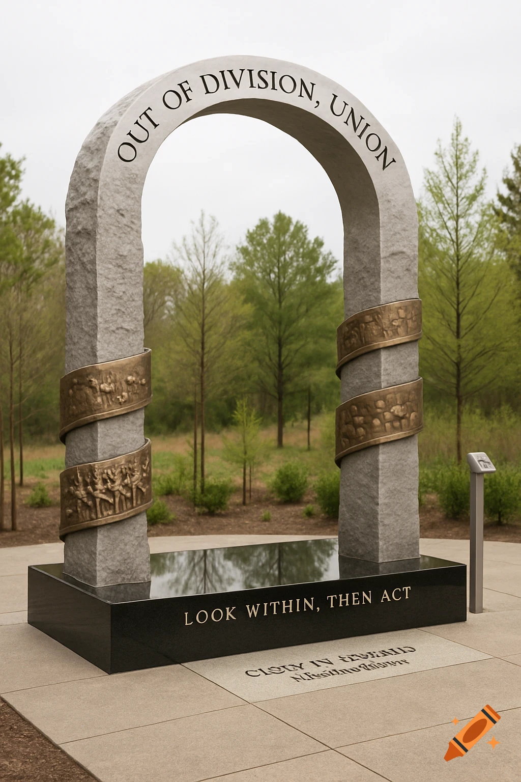 Stone arch monument with bronze wraps and granite base against trees.