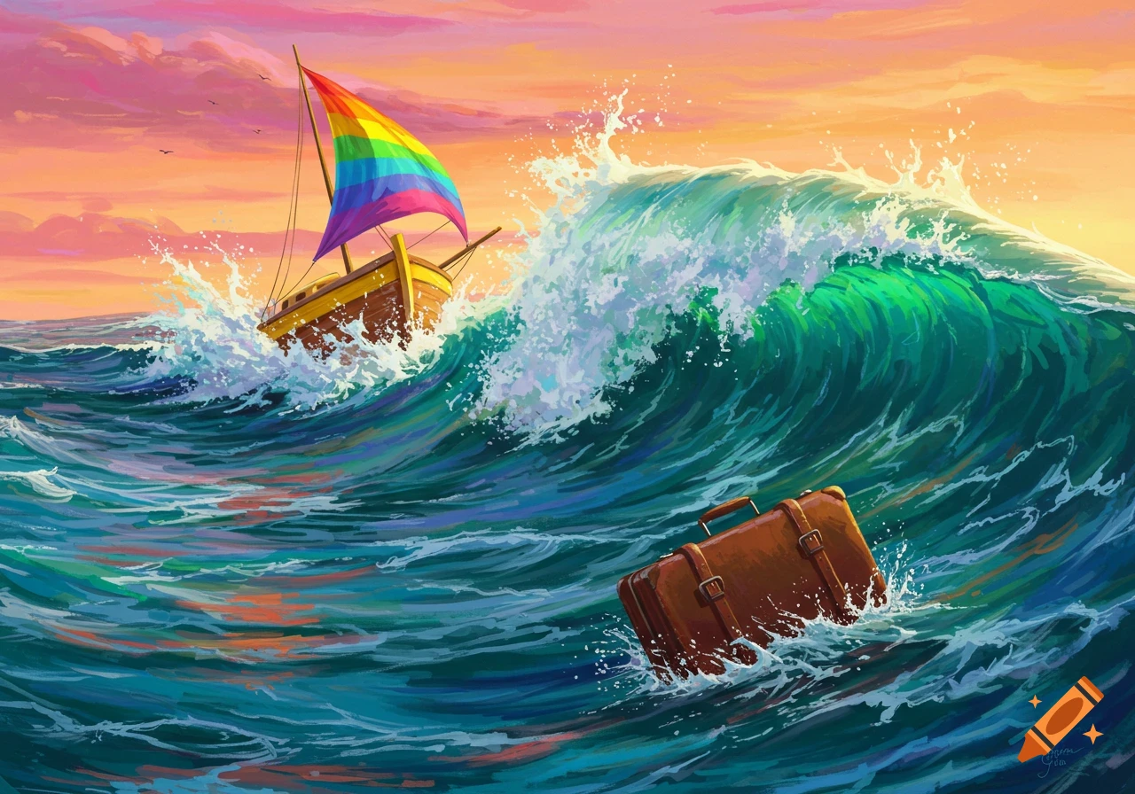 Illustration of a boat with a rainbow sail on a large wave with a suitcase floating nearby at sunset.
