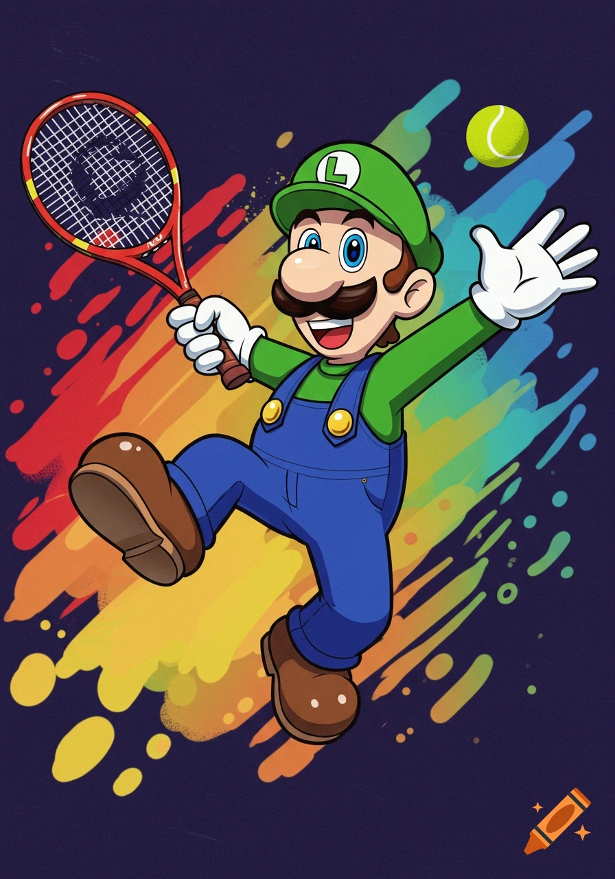 Luigi plays tennis with a colorful splash background.