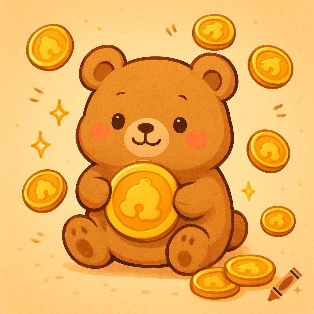A cute cartoon bear sits holding a large gold coin, with several other gold coins floating around and scattered nearby.