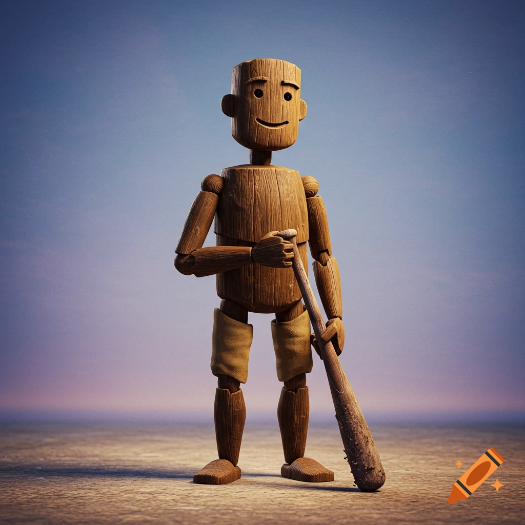 A stylized wooden figure holding a baseball bat stands on sand.