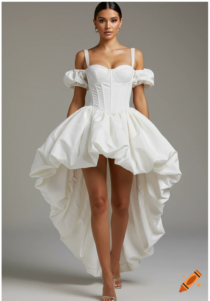 Woman in a white high-low dress with a corset top and puffy skirt