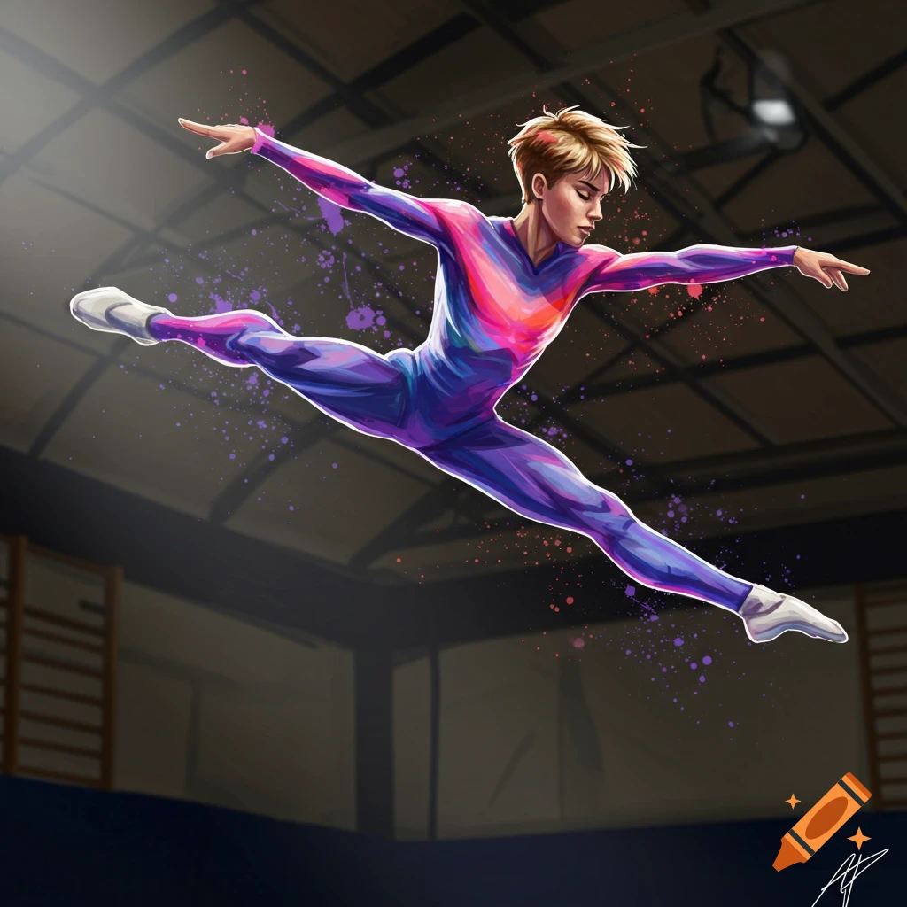 A gymnast in a vibrant purple and pink leotard performs a split jump in a gymnasium. Painted style.