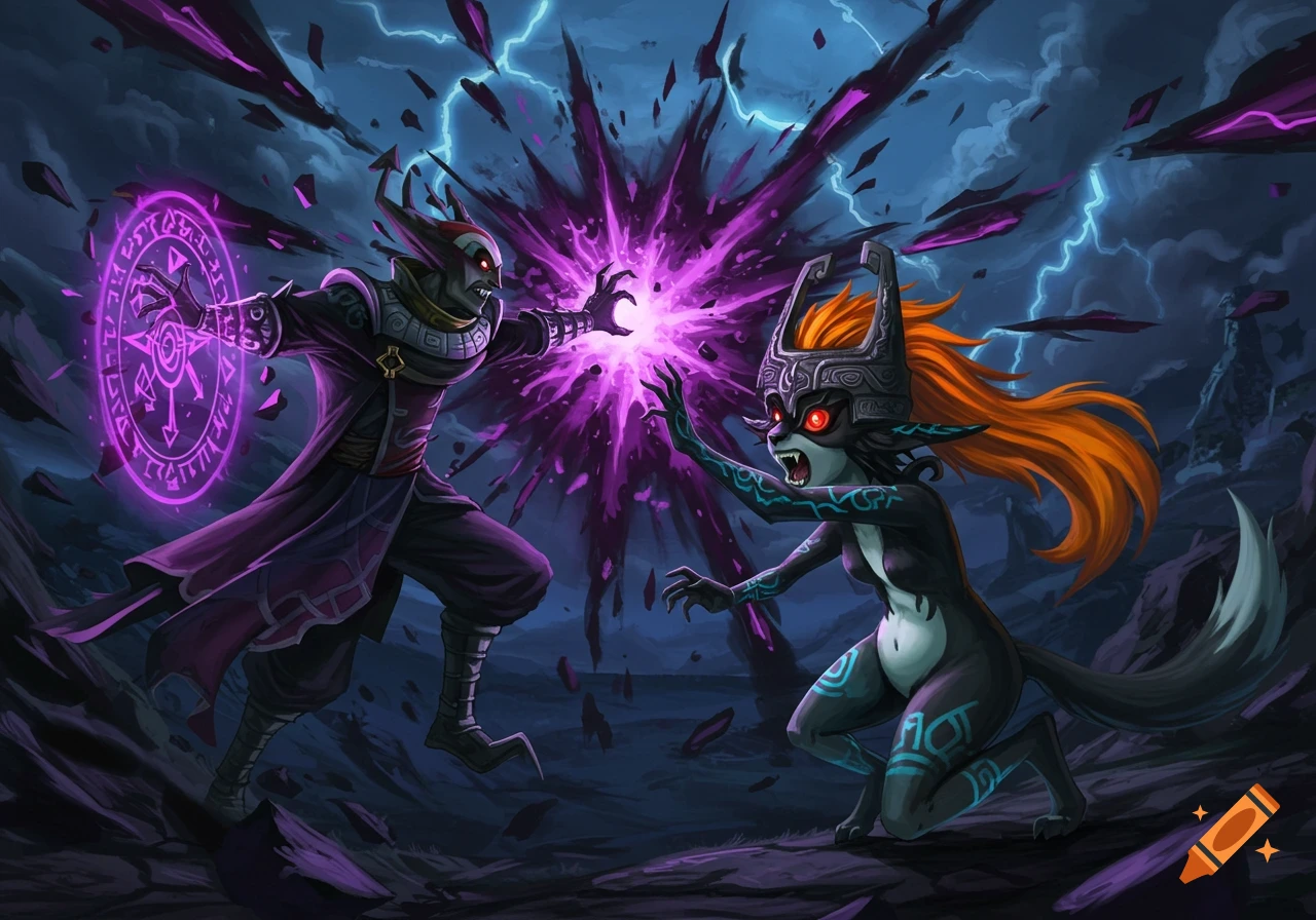 Two fantasy characters, one with a purple shield and the other with glowing eyes and tattoos, battle with magic energy.