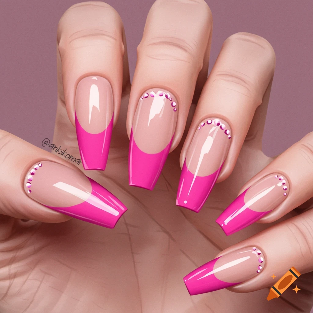Close-up of a hand with long nails featuring a bright pink french manicure and pink gem-like dots.