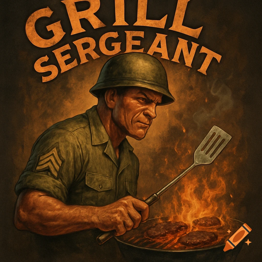 Graphic of a soldier grilling burgers with the text 'Grill Sergeant'.