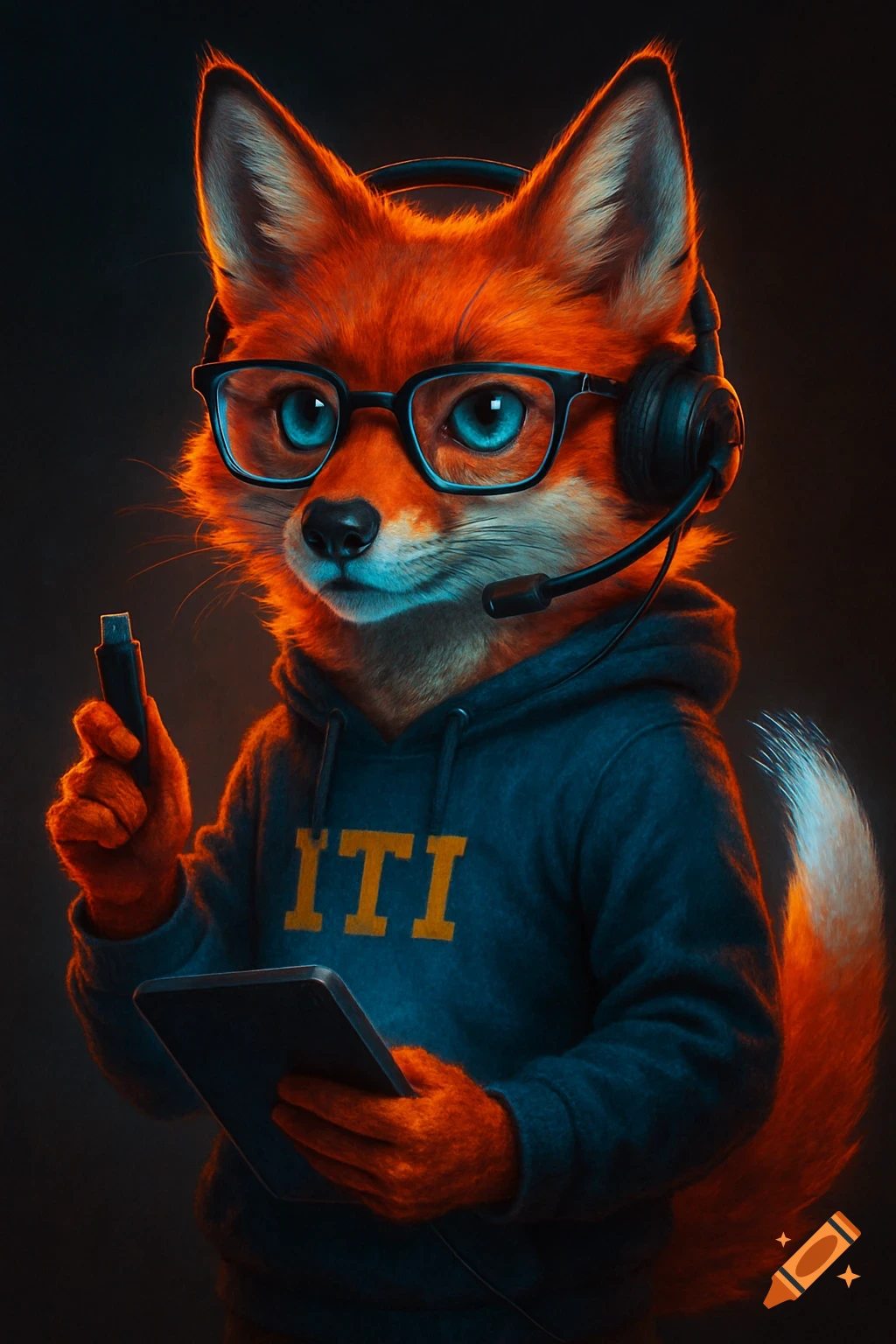 A fox character wearing glasses, headphones, and an ITI hoodie holds a USB drive and a tablet.