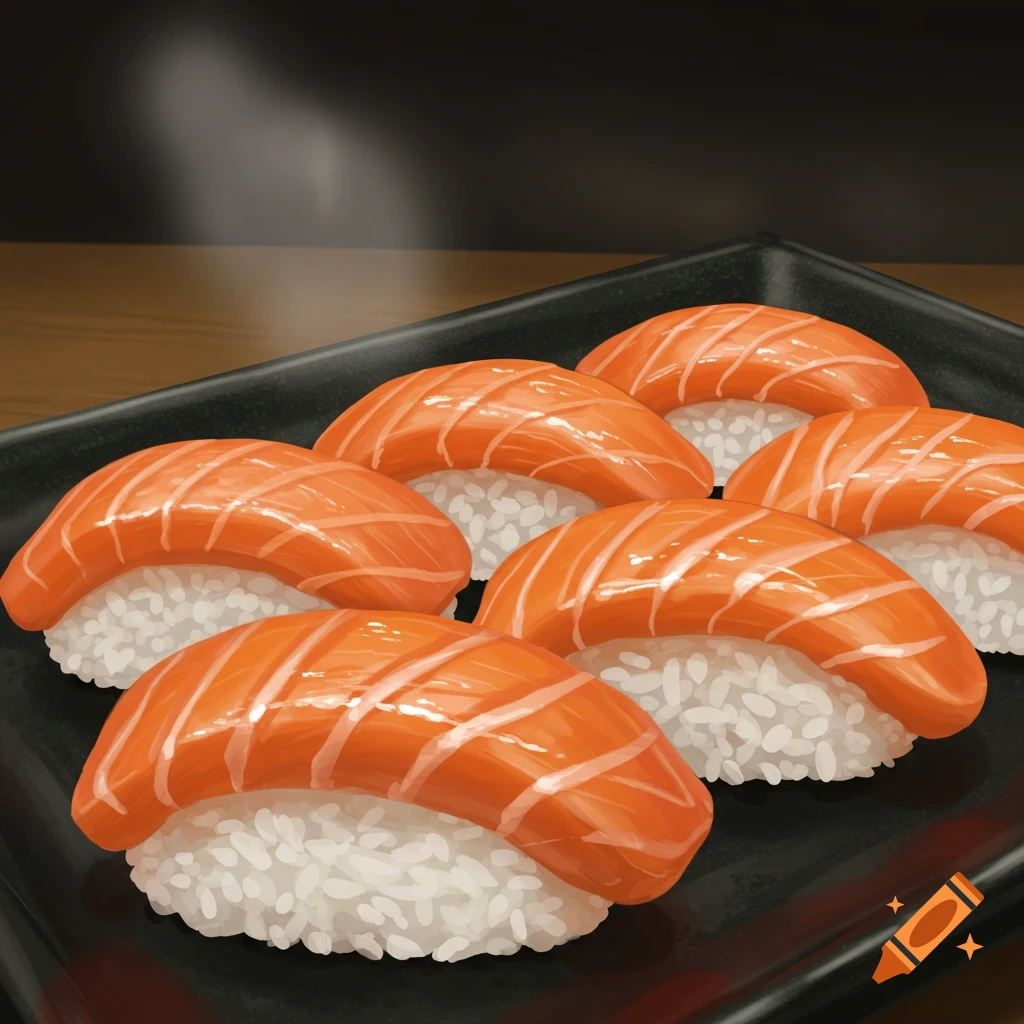 Six pieces of salmon nigiri sushi on a black plate.