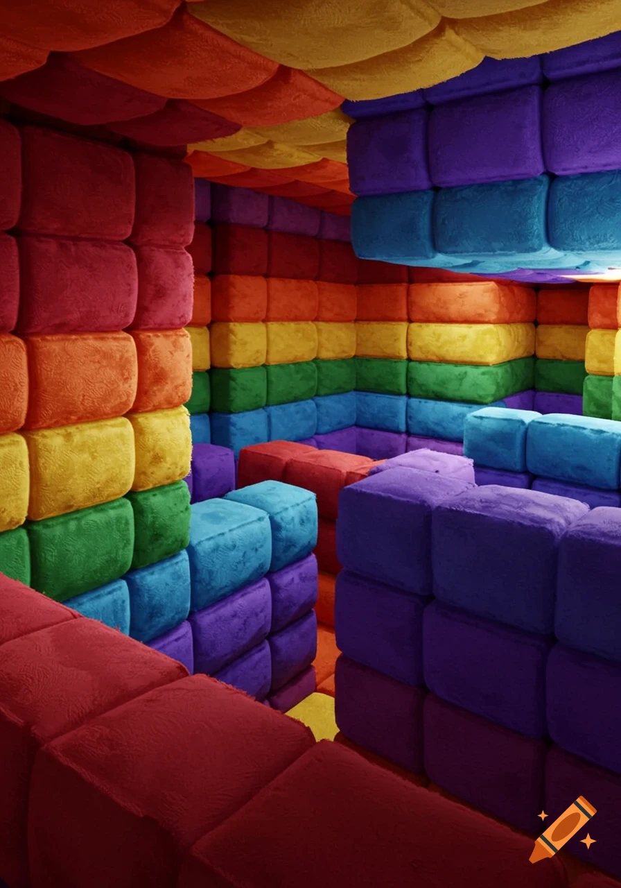An indoor maze room made of soft, textured rainbow-colored blocks covering walls, floor, and ceiling.