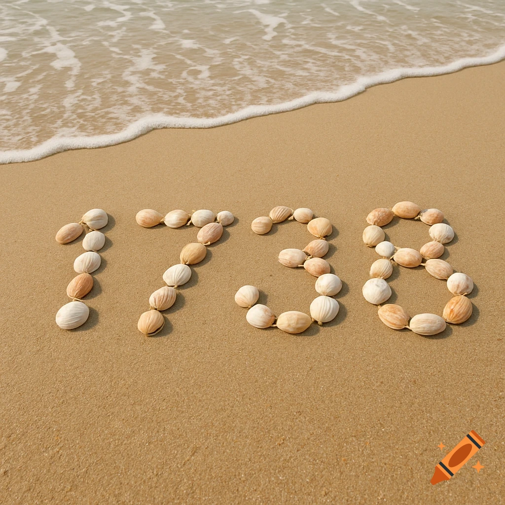 Numbers 1738 formed by seashells on a beach