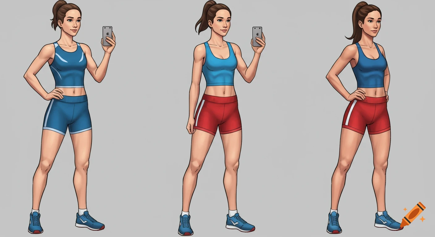 Three cartoon women in different sportswear holding phones.