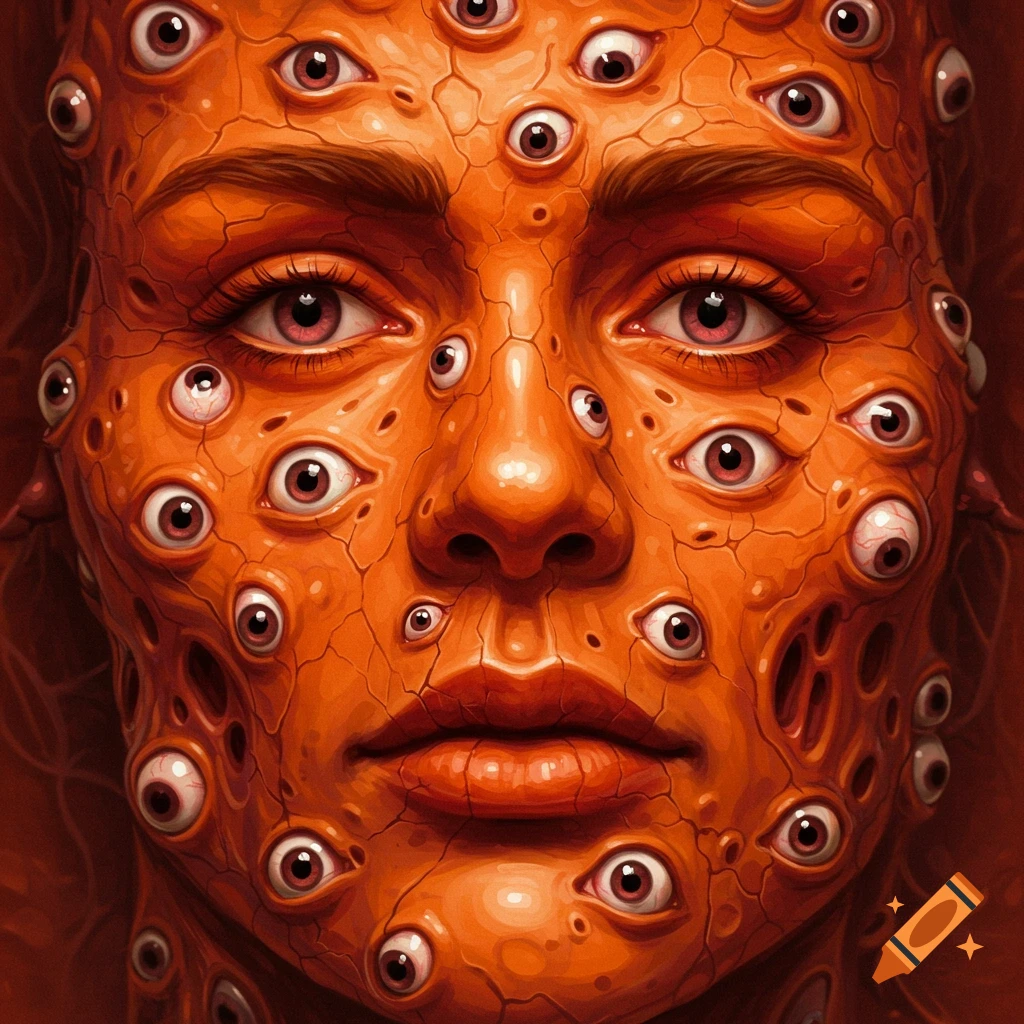 Close-up of an orange, cracked face covered in many detailed human eyes.