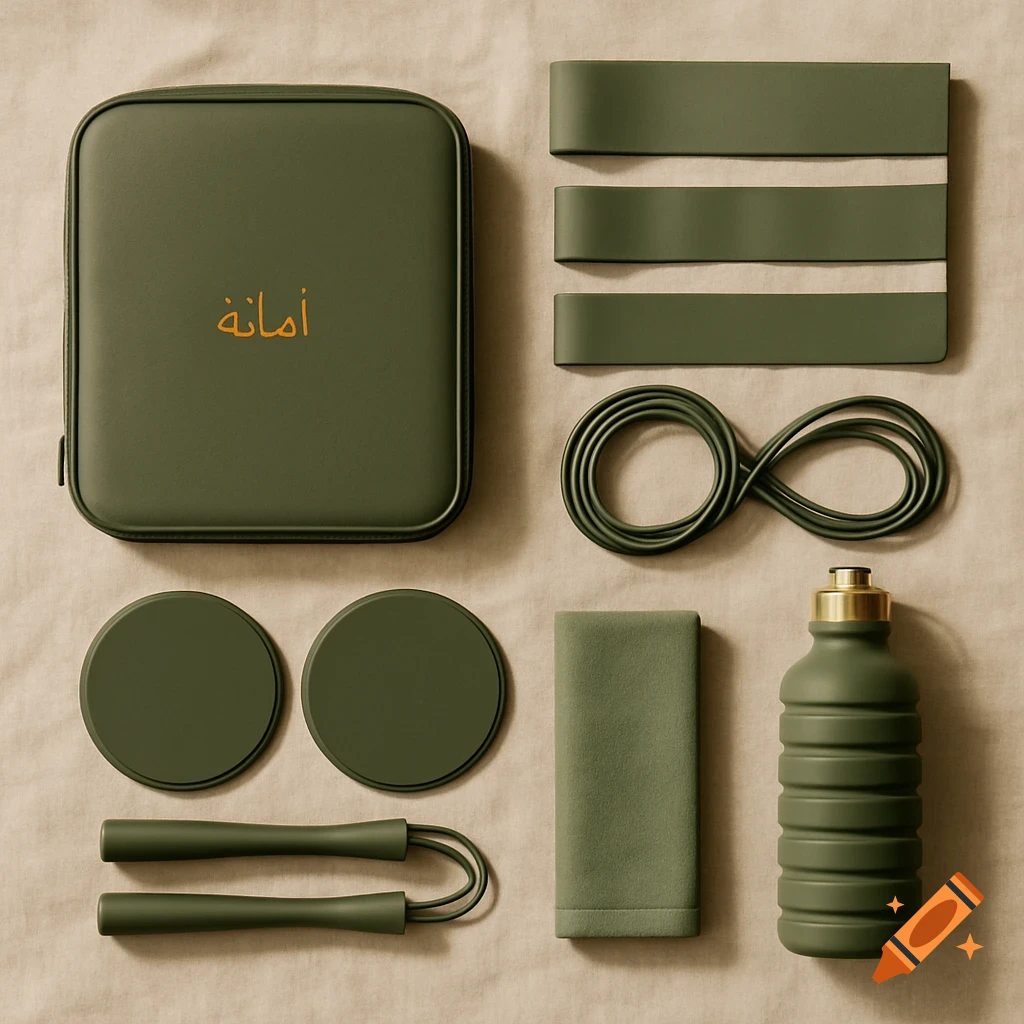 Flat lay of olive green travel fitness kit including case with Arabic text, resistance bands, jump rope, sliders, towel, bottle.