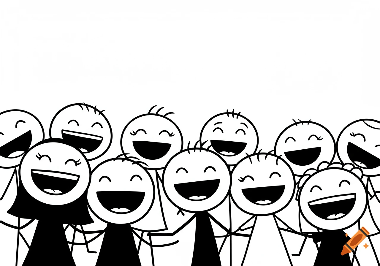 Black and white illustration of a group of smiling stick figures.