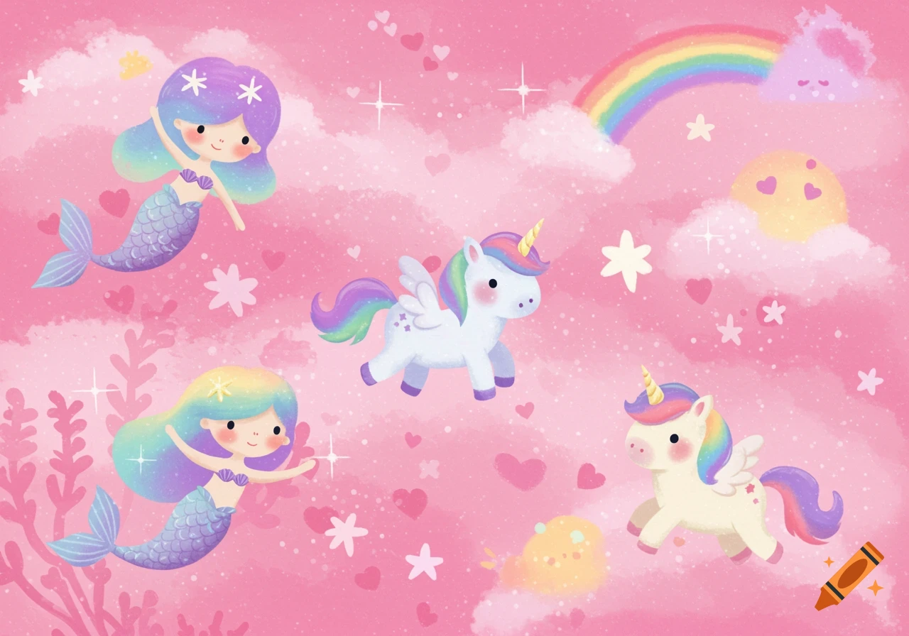 Cute illustration of mermaids and winged unicorns on a pink background with hearts, stars, clouds, a rainbow, and a sun.
