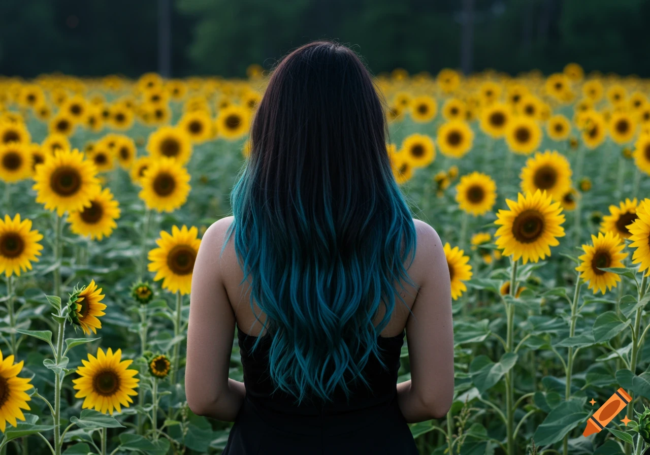 A person with blue-tipped hair stands facing away in a field of sunflowers.