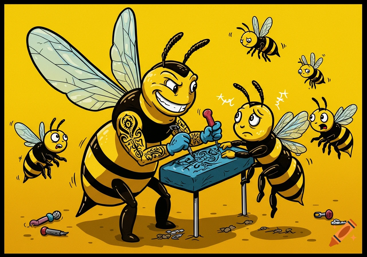 Cartoon bee with tattoos tattooing another bee