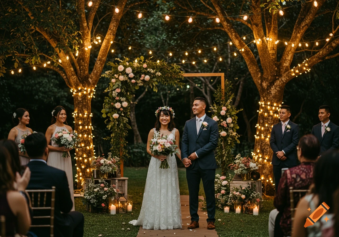 Outdoor wedding ceremony at night with string lights, showing the bride and groom.