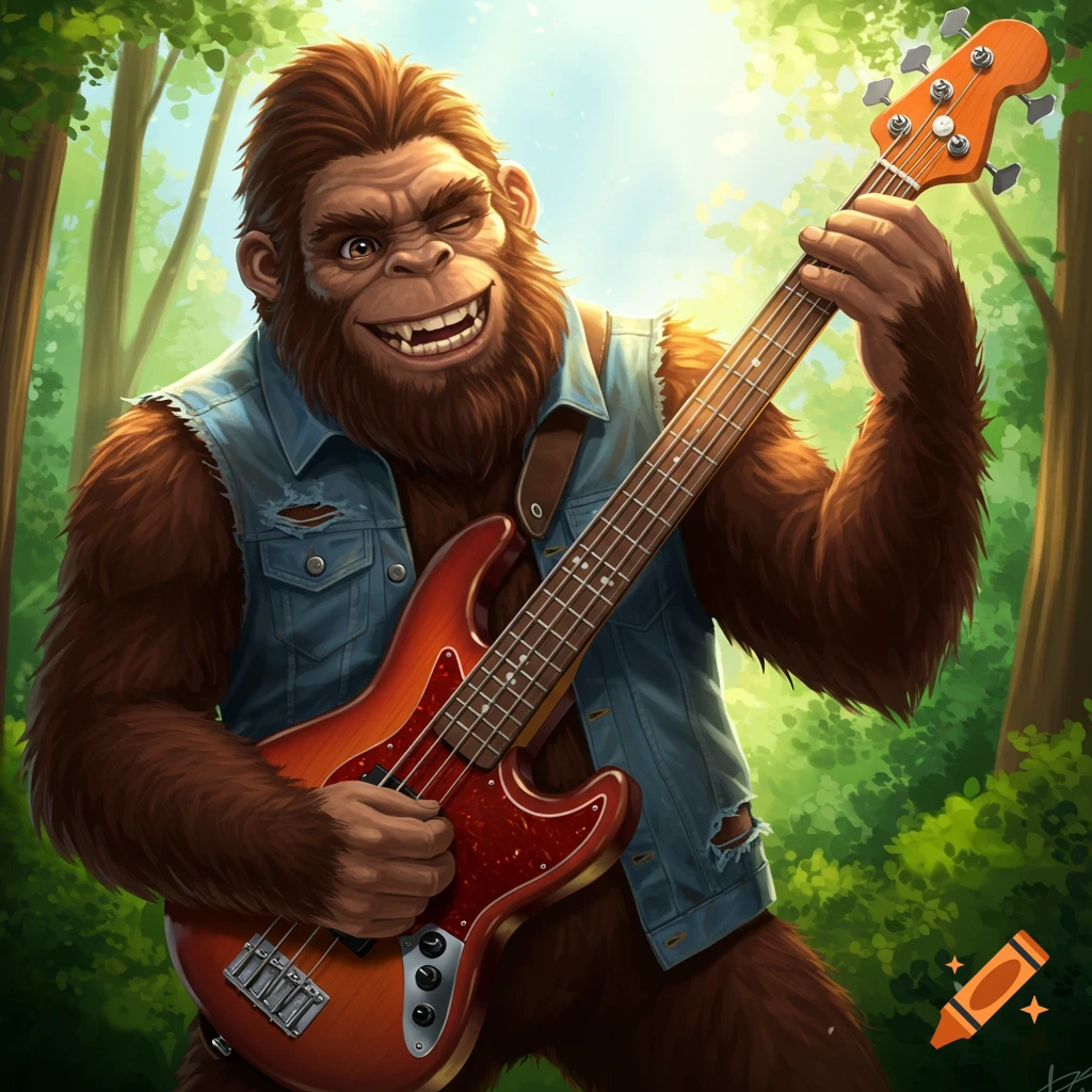 Cartoonish Sasquatch playing a bass guitar in a forest.