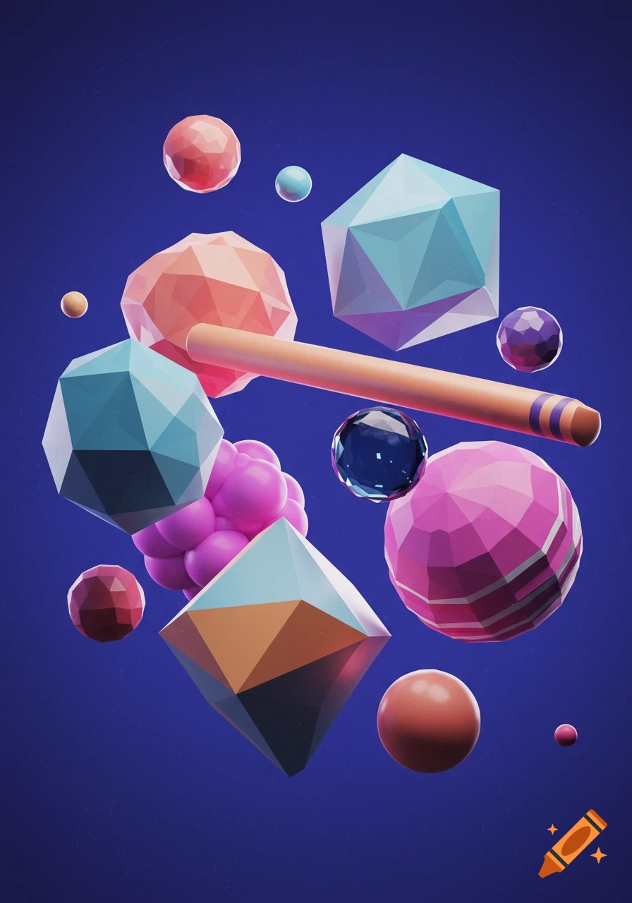 Abstract low poly geometric shapes in various colors float against a blue background.