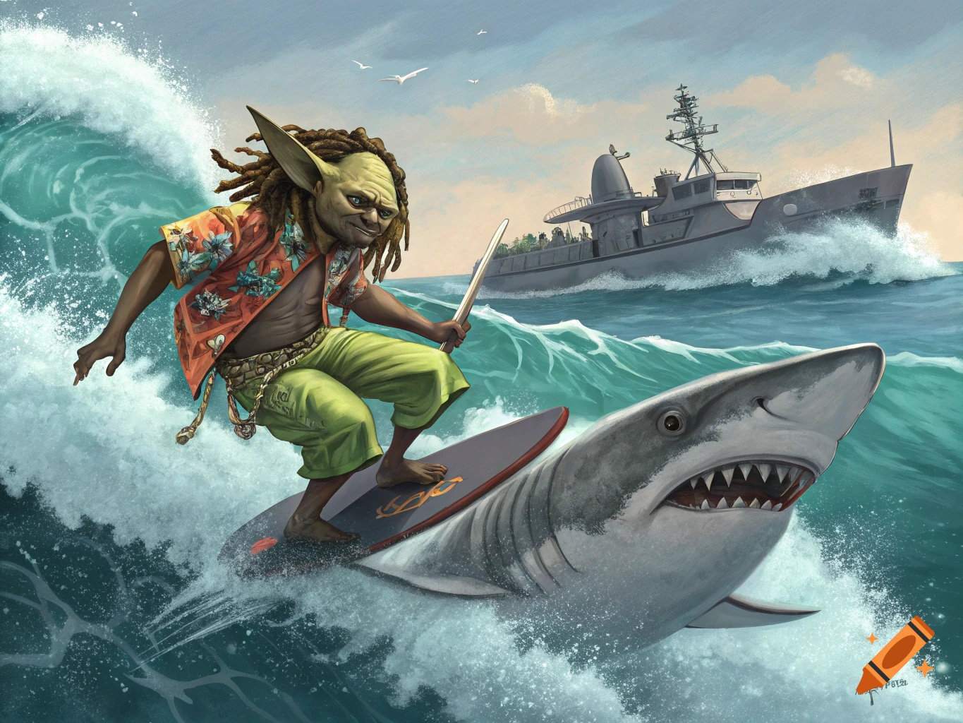 A fantasy creature with dreadlocks surfs on a shark past a military ship in choppy seas.