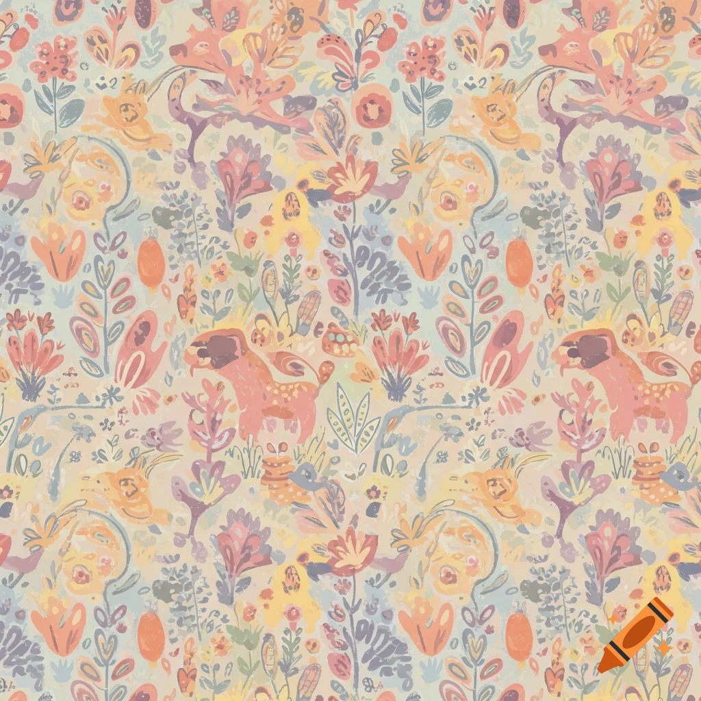 Seamless folk art pattern with abstract animals and plants in pastel summer colors