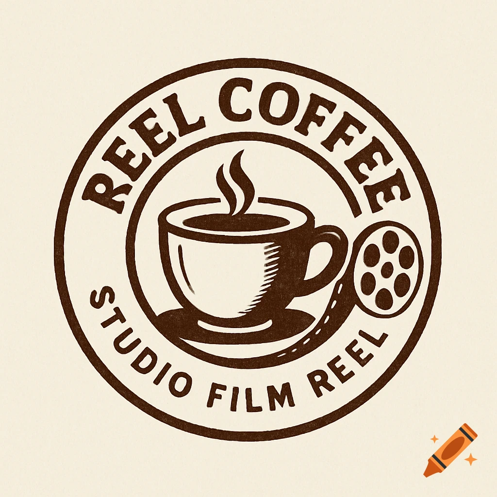 A round logo for Reel Coffee featuring a steaming coffee cup and a film reel inside a circle with the text 'STUDIO FILM REEL'.