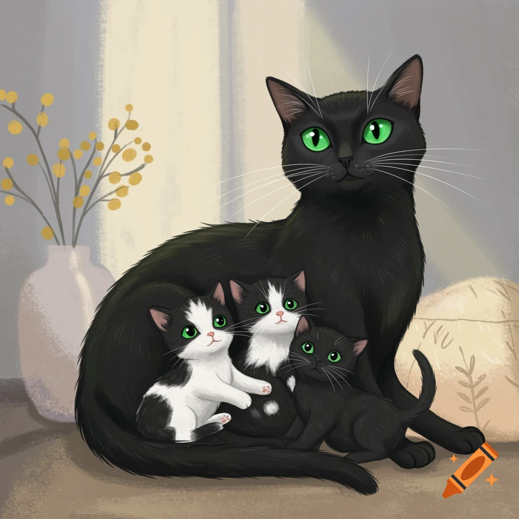 An illustration of a black mother cat sitting with her three kittens.