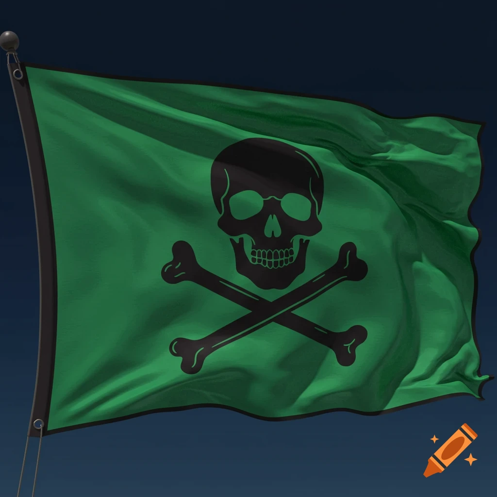 A green pirate flag with a black skull and crossbones flies against a dark  blue sky. on Craiyon, image size:1024x1024