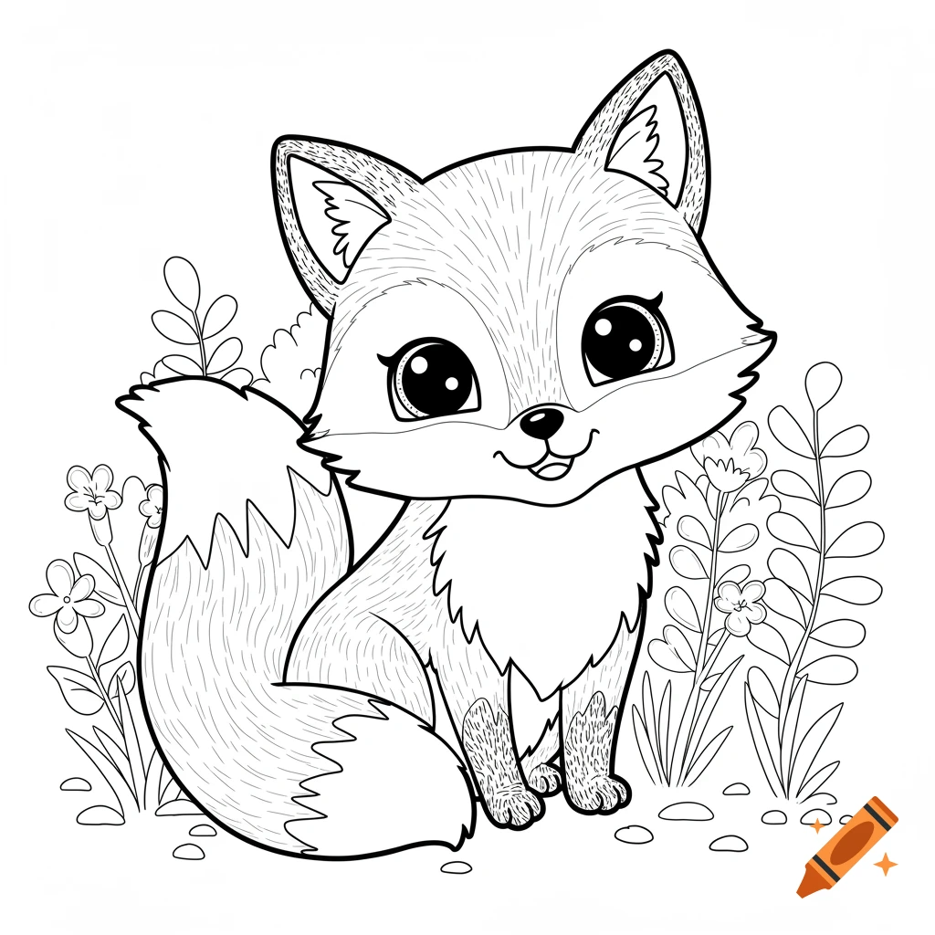 A black and white line drawing of a cute cartoon fox sitting among flowers and plants, suitable for a coloring page.