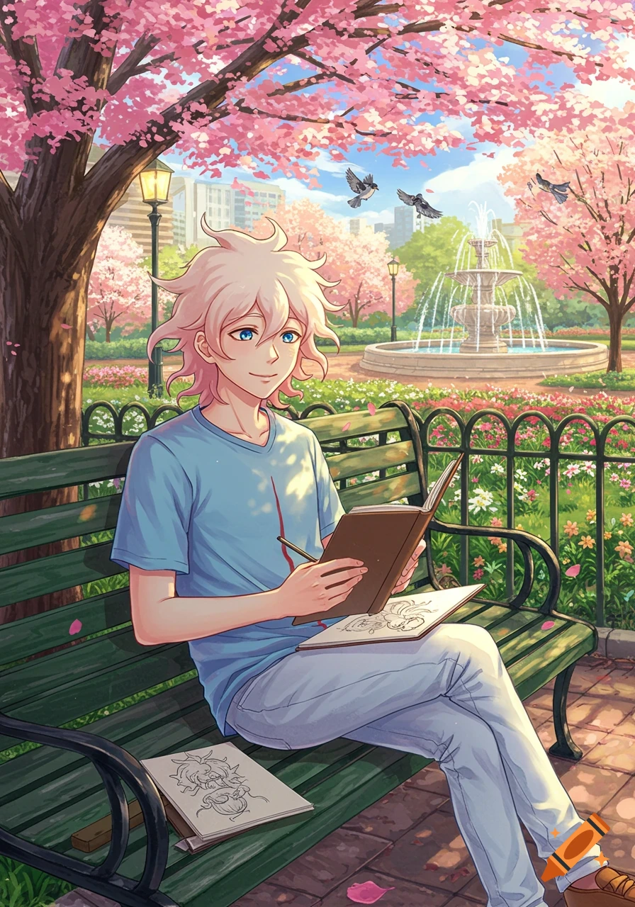 An anime illustration of a person with white hair drawing in a park under cherry blossom trees.