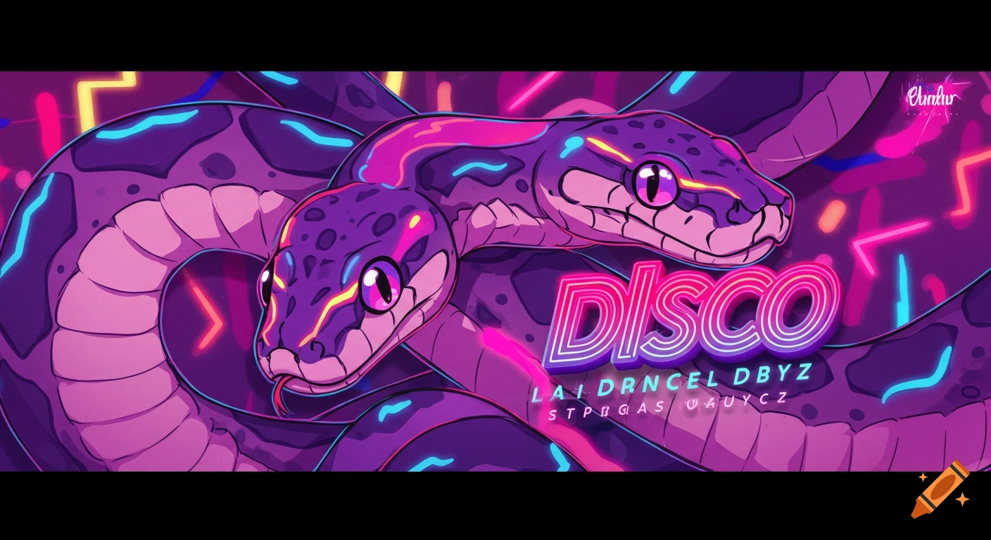 Two purple anime snakes with neon stripes and the word DISCO in a neon font.