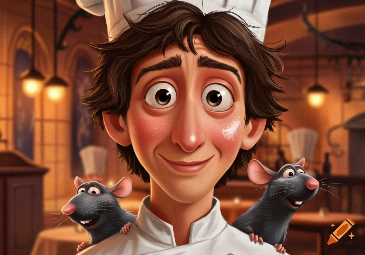 Cartoon chef with two rats on his shoulders, digital art style
