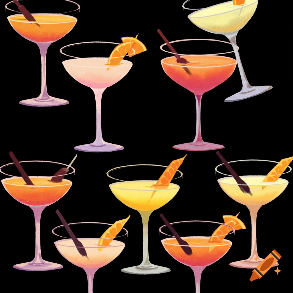 Illustrative icons of various cocktails in coupe glasses on black background.