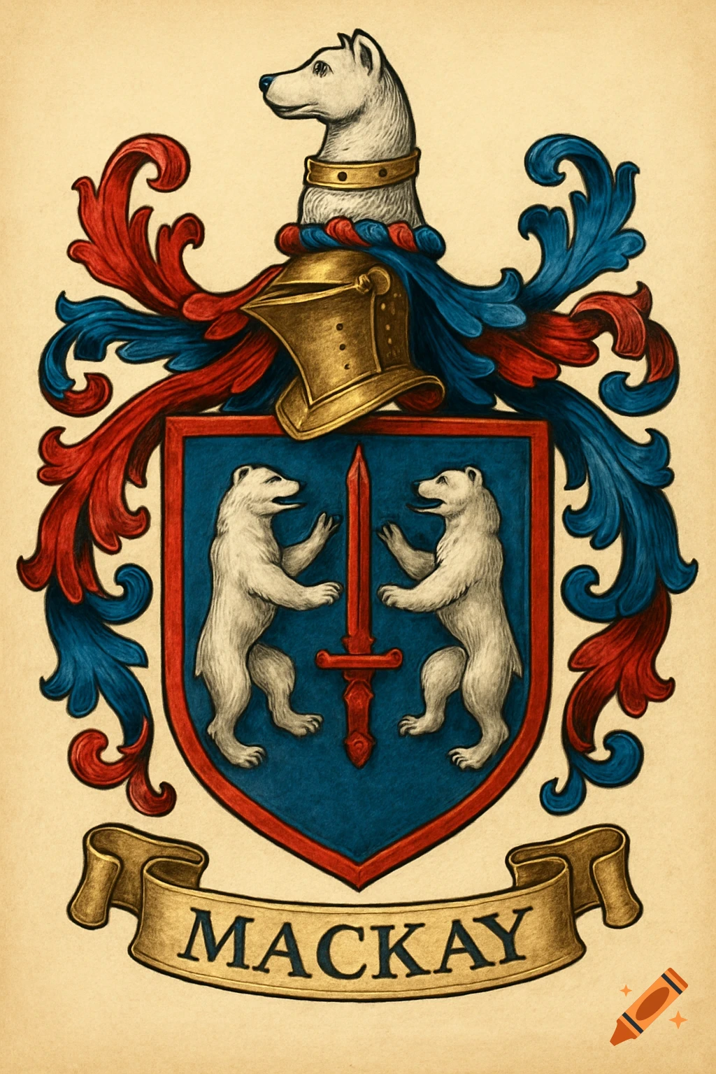 A coat of arms featuring a dog's head crest, a shield with two bears holding a sword, and a banner below with the name "MACKAY". Illustrated style.