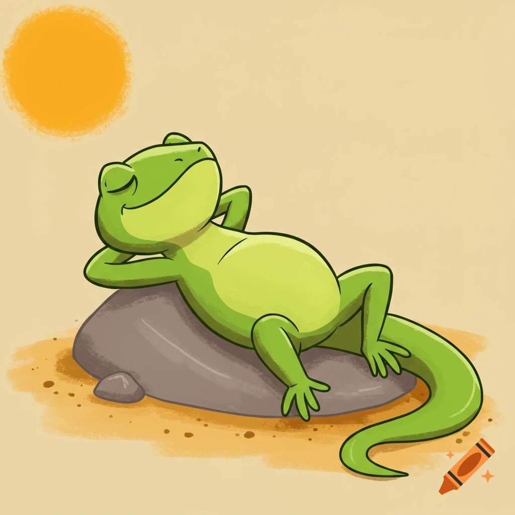 A green cartoon lizard relaxing on a rock under a sun. on Craiyon