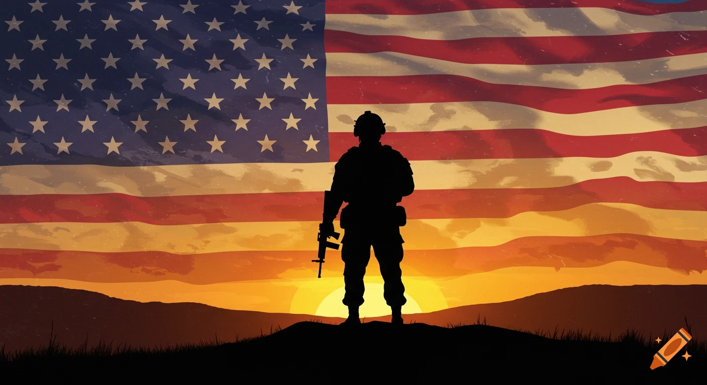 Silhouette of a soldier on a hill with an American flag and sunset background.