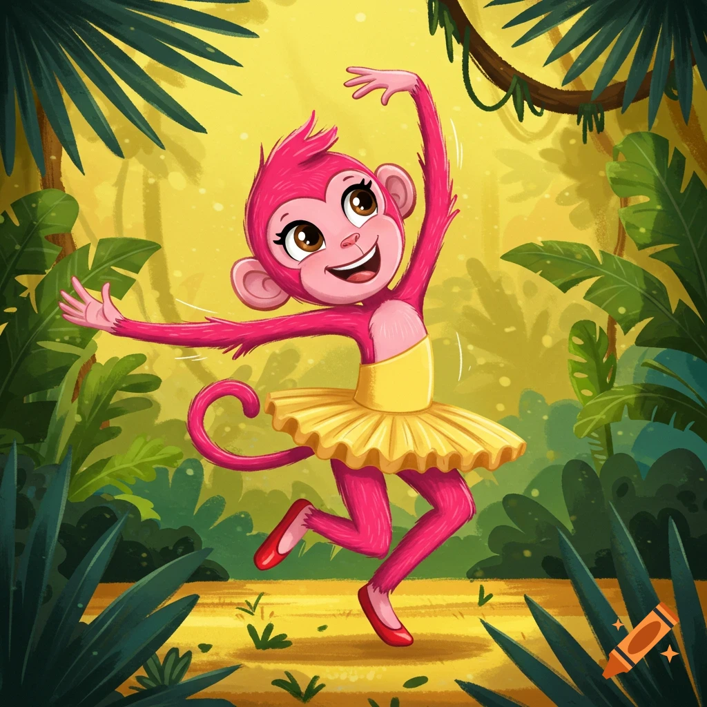 A cartoon pink monkey in a yellow tutu dances in a jungle.
