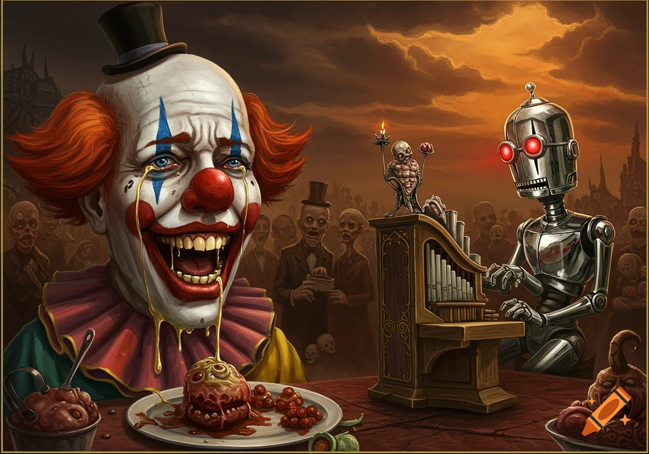 A weeping clown eats gore from a plate as a robot plays an organ for a zombie crowd in a dark landscape.