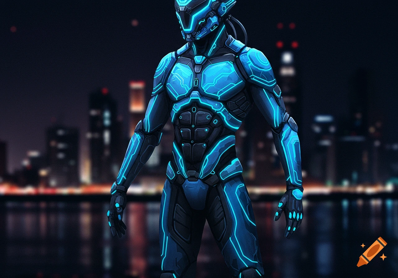 Figure in a dark futuristic suit with glowing blue accents against a blurred city skyline at night.