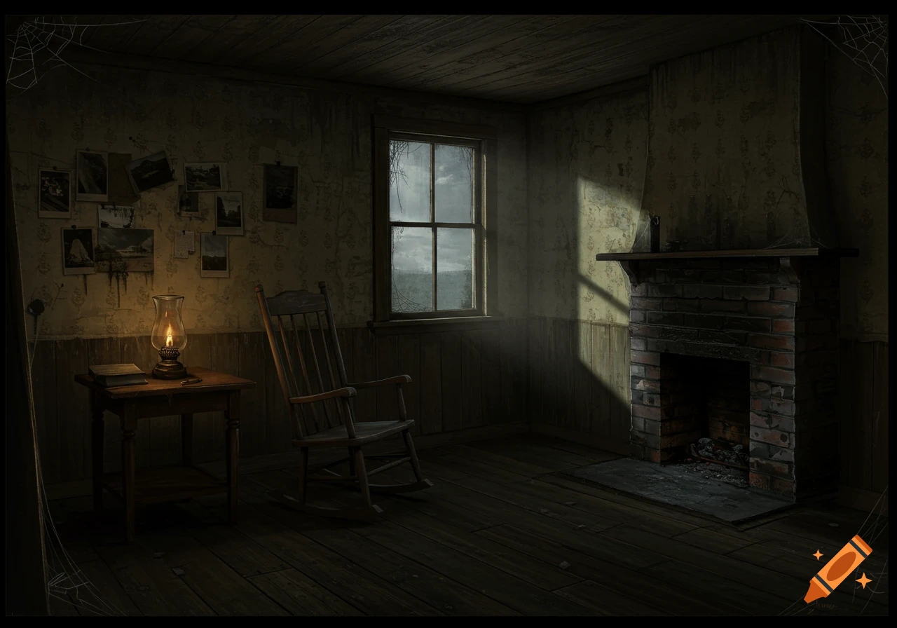 Dark and atmospheric creepy cabin interior with rocking chair and fireplace.