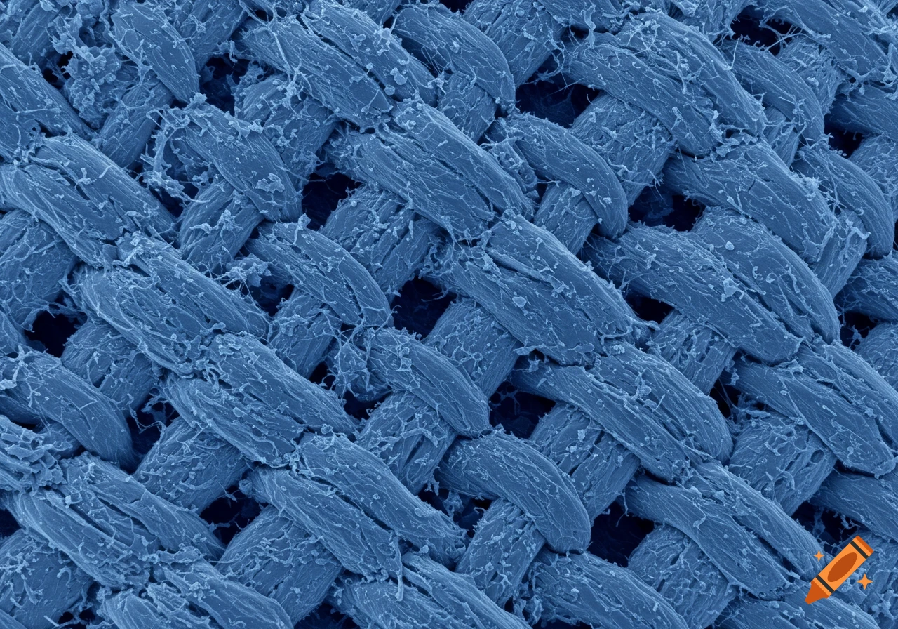 Close-up view of blue fabric weave under an electron microscope.